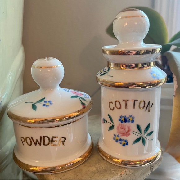 Other - Vintage Apothecary Jars Hand Painted Floral Gold Accent Powder Cotton Containers
